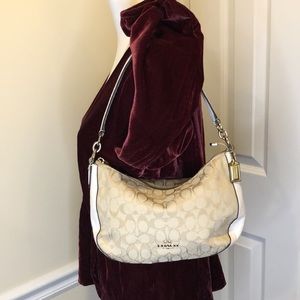 COACH Laurel Ivory Signature C Jacquard Top Zipper Leather Trim Hobo